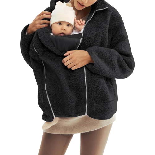 Women's Fleece Zip Up 2-in-1 Baby Wearing Jacket, Maternity Winter Coat with Kangaroo Pocket, Thick Warm Baby Wearing Clothes for Mothers, Postpartum Winter Jacket