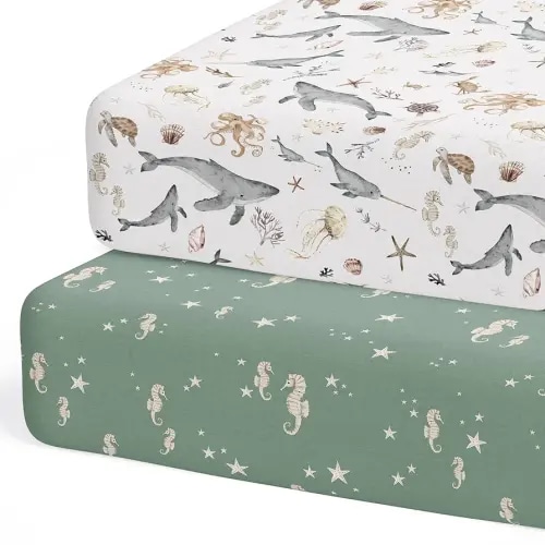 Crib Sheets Neutral - Fitted Baby Crib Sheets Bed for Girl Boy - 2 Pack Standard & Toddler Mattress (Ocean Odyssey) - Buttery Soft Organic Cotton Blend