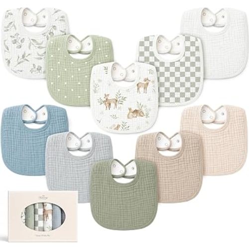 Konssy 10-Pack Muslin Baby Bibs for Drooling and Teething