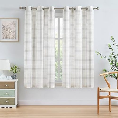 Short Buffalo Plaid Light Filtering Window Curtains 63 Inches Long White Checkered Grommet Panels Trellis Geo Pattern Farmhouse Modern Window Treatment for Living Room,Bedroom,40"x63"x2,Tan