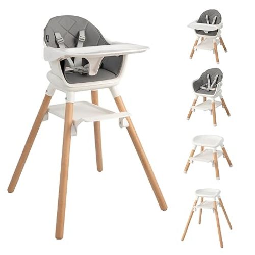 HONEY JOY Baby High Chair, 6 in 1 Convertible Wooden Highchair for Babies and Toddlers/Chair/Bar Stool, Removable Double Tray & Reversible Footrest, Safety Harness for Infant Boys Girls (Beige)