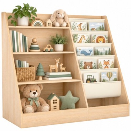 SUGIFT 4-Tier Kids Bookshelf with Toy Storage Bins Front-Facing Toddler Book Organizer for Nursery and Playroom