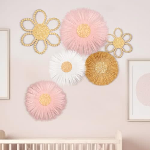 Soaoo 6 Pcs Boho Nursery Decor for Girl Daisy Flower Woven Macrame Wall Hanging Bohemian Nursery Wall Decor Flowers for Baby Girls Kids Dorm(Pink, White, Beige)