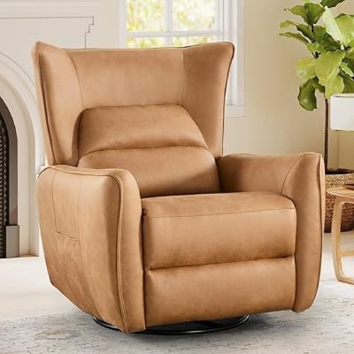 Electric Swivel Rocker Recliner Chair, Power Faux Leather Glider Rocking Recliners for Adults, 270° Swivel Nursery Reclining Sofa with USB Charging Port，Brown