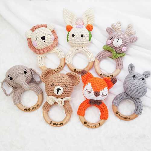Personalized Baby Rattle, Grasping Toy, Crochet Rattle for Baby, Custom Wooden Rattle w Animal Head, Newborn Gift for Grandson Granddaughter