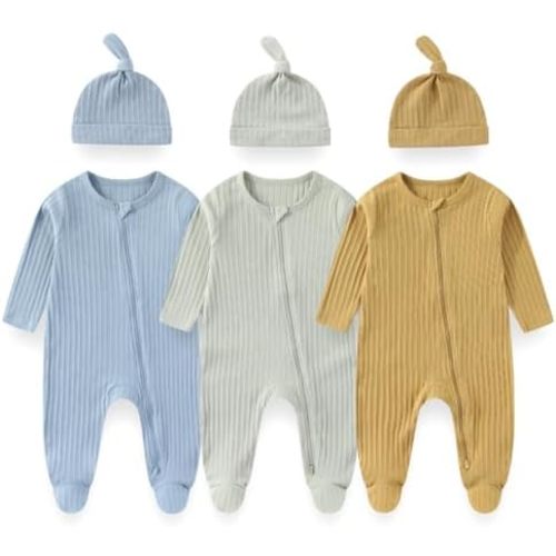 Unisex Newborn Baby Long Sleeve Romper 3-Pack with Matching Hats Solid Color Outfits