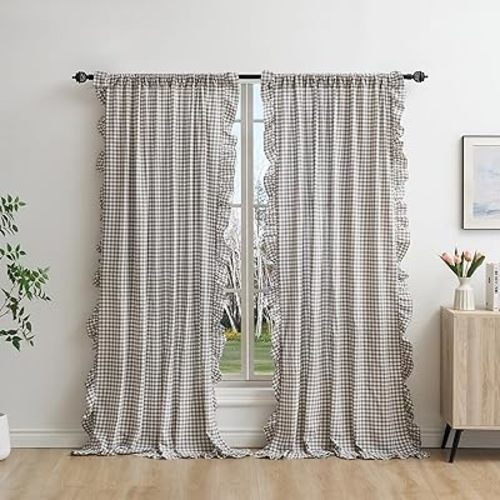 Grey White Plaid Gingham Ruffle Curtains 2 Panels, 100% Washed Cotton Drapes for Bedroom Living Room Doorway Shabby and Chic Window Treatment Rod Pocket, W52”xH84