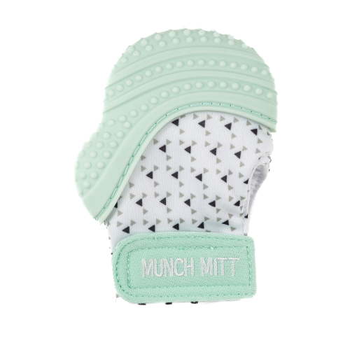 Malarkey Kids Baby Teething Mitten, Silicone Chew Toy for Newborns, Hand Protector, Mint Green Triangles