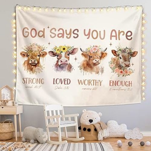 LIANGW Boho Highland Cow Christian Tapestry Wall Hanging for Nursery Decor, Inspirational Classroom Tapestries Aesthetic Boho Kids Room Decor for Bedroom Living Room Dorm, 50x60 inche