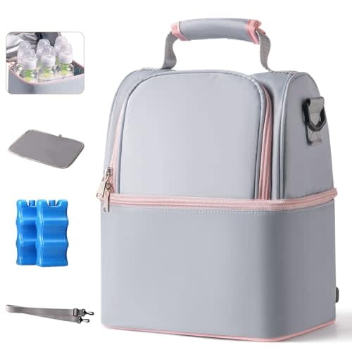 Breastmilk Cooler Bag with 2 Ice Pack, Breast Pump Bag with Cooler Fits 6 Bottles, Double Layer Breast Milk Baby Bottle Cooler Bag, for Travel, Nursing Mom Daycare, Work, Picnic (Grey)