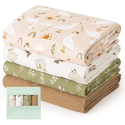 david's kids 4 Pack Baby Muslin Swaddle Blankets, 100% Cotton and Ultra Soft Breathable Receiving Blanket Wrap for Boys Girls, New Born Essentials, Large 47 x 47 inches, Farm & Duck