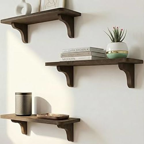 Real Wood Dark Brown Shelf for Wall - 17 inch (3 Pack) - Easy to Install, Template and Video Included - Brown Wall Shelves, Dark Wood Shelves