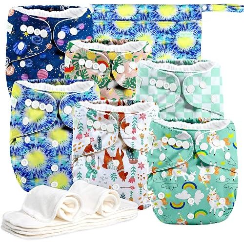 wegreeco Cloth Diapers 6 Pack with 6 Inserts & 1 Wet Bag, Washable Cloth Diapers for Babies, One Size Adjustable Reusable (Harmonious Planet)
