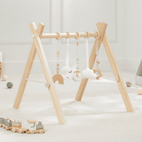 Comfy Cubs Baby Play Gym Set, Wooden Hanging Bar with Gym Toys, Foldable for Infants, Natural Wood