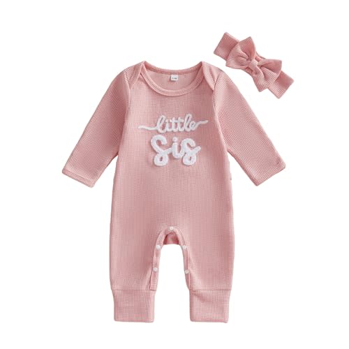 Tsultryofs Infant Baby Girl Romper Little Sis Jumpsuit Newborn Fall Clothes | Letter Print Long Sleeve Crew Neck Jumpsuits with Headband