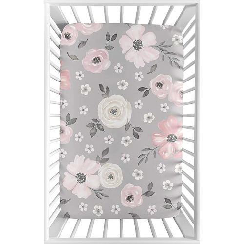 Sweet Jojo Designs Grey Watercolor Floral Girl Fitted Mini Crib Sheet Baby Nursery for Portable Crib or Pack and Play - Blush Pink Gray and White Shabby Chic Rose Flower Farmhouse