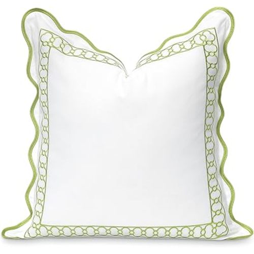Hofdeco Premium Coastal Patio Indoor Outdoor Scalloped Throw Pillow Cover Only, 20"x20" Water Repellent for Backyard, Couch, Green Embroidered Begonia Pattern Chain Frame