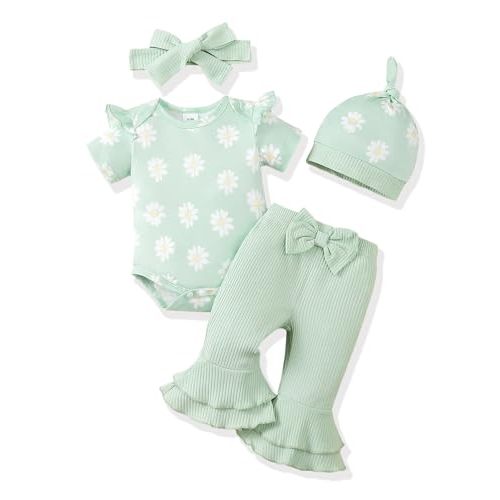Renotemy Newborn Baby Girl Clothes Infant Romper Spring Summer Outfits Gifts Bell Bottoms Pant Sets for Girls Preemie-12Month
