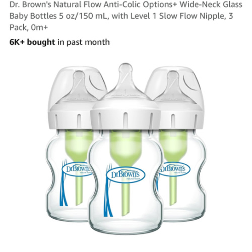 Dr. Brown's Natural Flow Anti-Colic Options+ Wide-Neck Glass Baby Bottles 5 oz/150 mL, with Level 1 Slow Flow Nipple, 3 Pack, 0m+