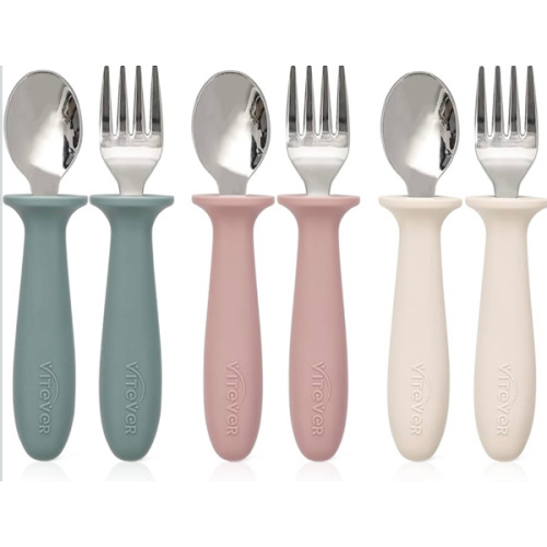 6 Pieces Toddler Utensils, Children Silverware Set with Silicone Handle, Kids Safe Spoons and Forks, Dishwasher Safe, 18/8 Stainless Steel, Food-grade Silicone，BPA Free - Tan