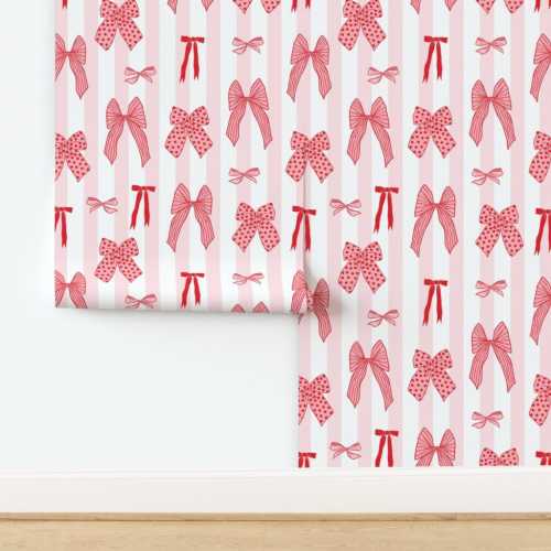 Hair Bows Wallpaper for Girls Room Wall Covering Nursery Decor on Pink an White Stripes, Peel and Stick, Pre-Pasted, Renter Friendly