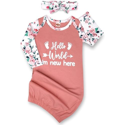 Baby Gowns, Stretchy Newborn Nightgown with Folding Glove 0-6 Month