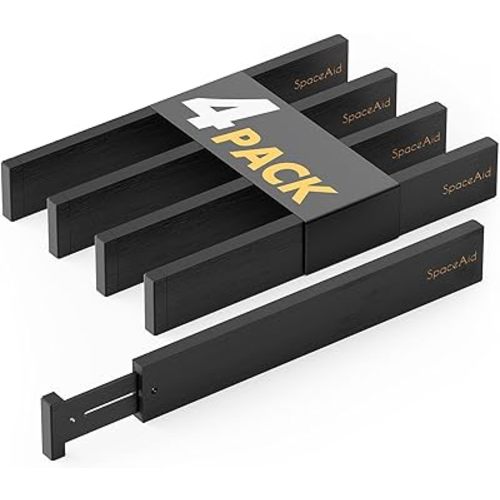 SpaceAid 4 Pack Bamboo Drawer Dividers with Labels, Kitchen Adjustable Drawer Organizers, Expandable Organization for Home Clothes Dressers (17-22 in, Black)