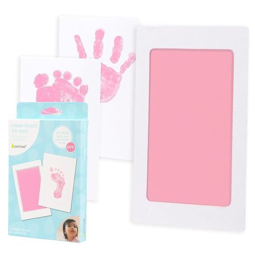 Pearhead Newborn Baby Handprint Or Footprint Clean-Touch Ink Pad Kit, No Mess Baby Safe Print Kit, Newborn Baby Girl Keepsake, 2 Impression Cards, Small Size, Pink