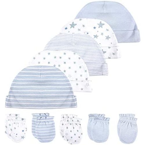 Chamie Newborn Cotton Hats Mittens Set Beanie Cap Non Scratch Gloves for Baby Boys Girls