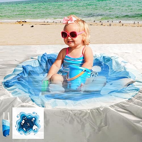 letesult 6.5 X 6.5Ft Baby Beach Pool, 2 in 1 Square Portable Cartoon Ocean Theme Toddler Beach Puddle, Waterproof Sandproof Cute Toddler Paddling Pool Beach Blanket with Carrying Bag for Boys Girls