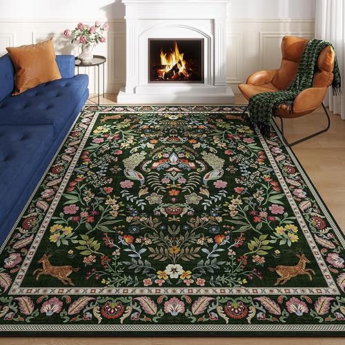 8x10 Area Rugs for Living Room Washable Rug Floral Non-Slip Large Rug for Living Room, Bedroom, Farmhouse, Dining Room, Kids Playroom (Emerald Green)