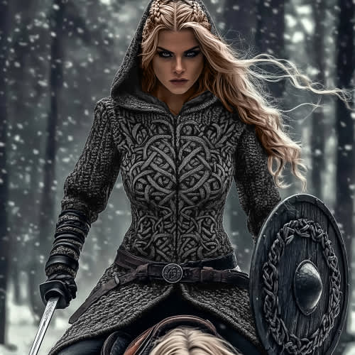 Women's Viking Tribal Jacquard Celtic Chunky Knit Zip-up Hooded Sweater