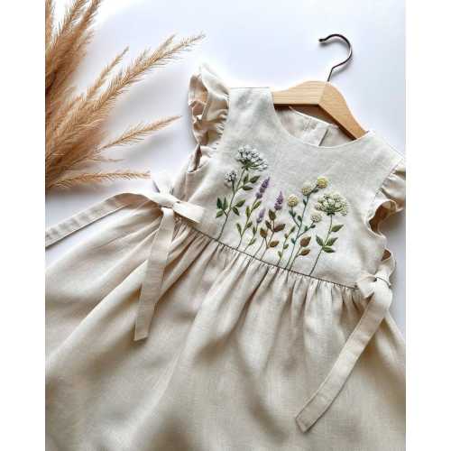 Wildflower Garden Hand Embroidered Dress for Girls, Custom 1st Birthday Soft Linen Dress, Toddler Linen Dress, Kids Clothing