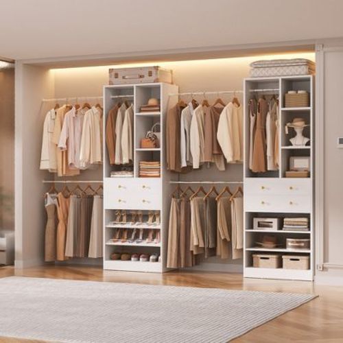 Besiost White Freestanding Closet Storage System with Shoes Shelf and Hanging Rods, Walk-In Closet Organizer with Drawers