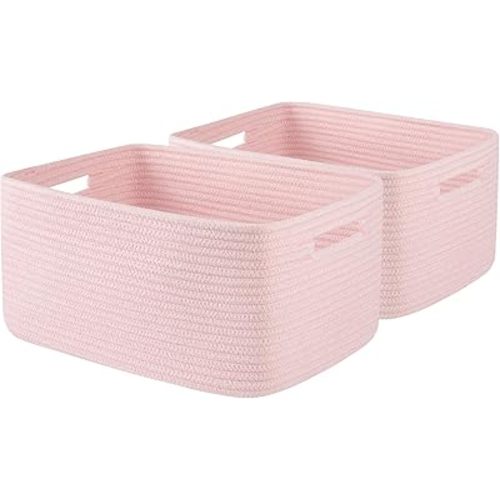 OIAHOMY Storage Basket for Shelves, Closet Cube Storage Bins Baskets for Clothes Blanket Towels, Baby Nursery, Toy Baskets Box, Woven Rope Basket, 15.75*11.81*7.09 IN, 2 Packs Pink