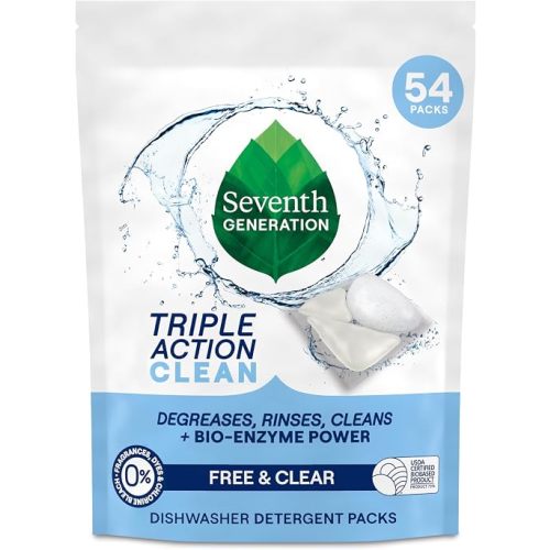 Seventh Generation Triple Action Clean Automatic Dishwasher Detergent Packs with Bio-Enzyme Power, Free & Clear, Fights 48-hour Stuck-on Food, 54 count