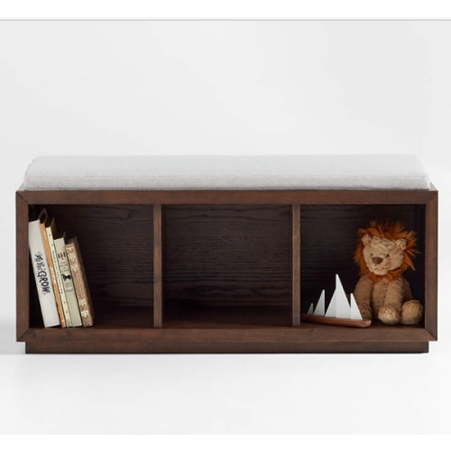 Cade Deep Brown Wood 3-Cube Bookcase Bench with Natural Bench Cushion