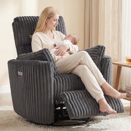Power Recliner,Nursery Swivel Glider Rocking Chair with USB Port,Upholstered Adult Electric Recliner Rocking Chair with 2 Pillows for Living Room Bedroom (Darkgrey Corduroy, Power-Driven)