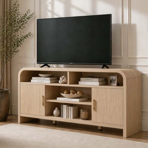 Vintagearth TV Stand with FSC-Certified 1.22" Thick Board, Storage Cabinets & Open Shelves, Curved Edge Entertainment Center for TVs up to 65", Oak