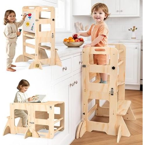 4-in-1 Toddler Standing Tower, Foldable Kids Step Stool with Whiteboard and Anti-Fall Buckle, 1-3 Year Old Boy Girl Montessori Gifts