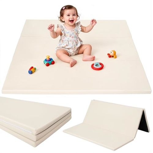 TODIBY Foam Baby Play Mat: PU Leather Waterproof Kids Playmat - Trifold Floor Mat - Large Play Mat for Playpen Thick Pad Fodable Mattress Soft Toddler Mattress Infant Cushion for Preschool (Beige)