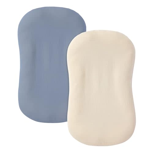 guruixu Muslin Baby Lounger Cover 2 Pack, 100% Cotton Infant Lounger Cover, Soft & Breathable Replacement Slipcover, Compatible with Snuggle Me Newborn Lounger (Tradewinds,Cream)