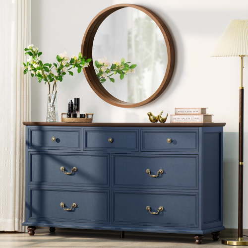 Joaxswe 7 Drawer Dresser for Bedroom, 54" Wide Dresser Organizer Chest of Drawers for Nursery Dark Blue
