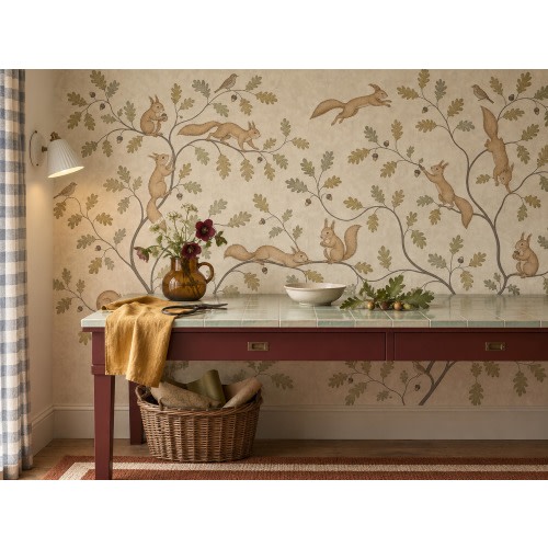 Beige Squirrel Wallpaper Mural, Woodland Oak Branches, Peel and Stick