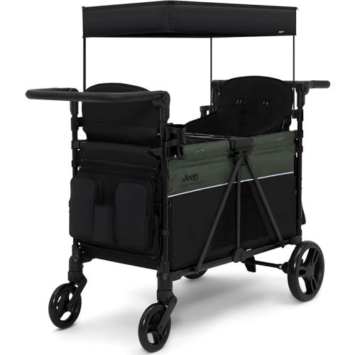 Jeep Aries Stroller Wagon by Delta Children Premium Wagon for 2 Kids with Convertible Seats, Adjustable Push/Pull Handles, Removable Canopy & Flat Fold - Greenguard Gold Certified, Black/Green