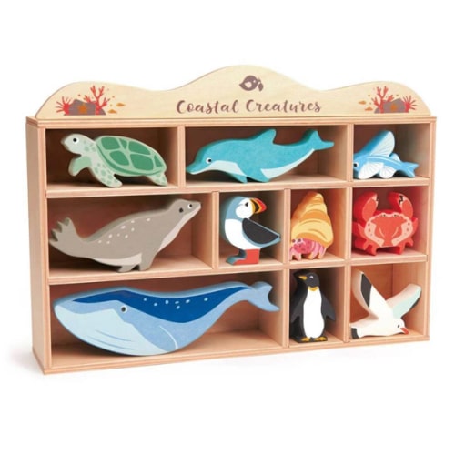 Wooden Coastal Animal Figures and Display Case