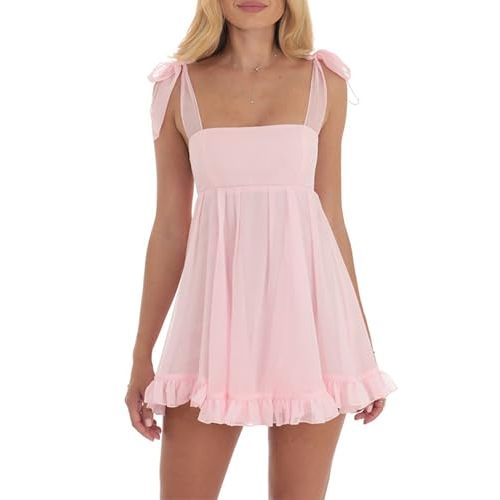 Women's Babydoll Mini Dress Tie Shoulder Backless Bow Party Summer Sundress Flowy Short Graduation Dress