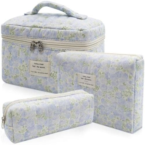 Gosect 3pc Makeup Bag Set, Quilted Makeup Bag Set, Large Floral Cosmetic Bag for Women, Cute Cotton Makeup Bags, Flower Travel Toiletry Organizer Bag (Green Leaves Blue Flowers)