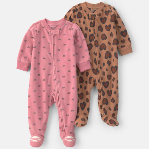 Baby Girl 2-Pack Leopard Fleece 2-Way Zip Sleep & Play Pyjamas - Pink/Brown | Carter’s Oshkosh Canada