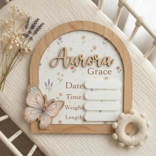 Personalized Butterfly Baby Name Sign, Floral Nursery Decor, Custom Birth Announcement Plaque,Wooden Newborn Stat Sign,Baby Girl Shower Gift